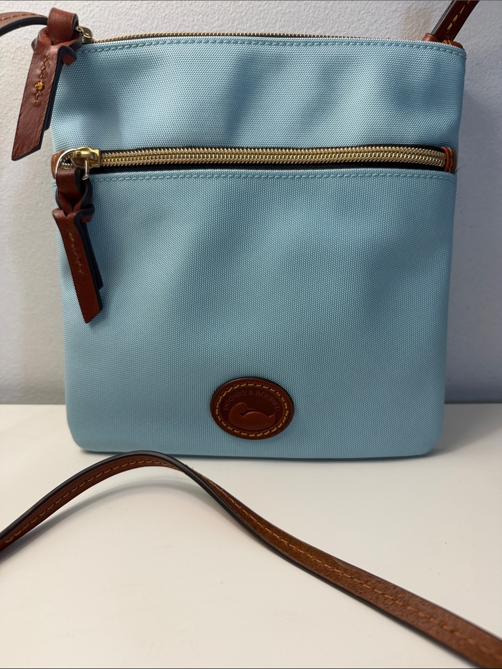 Dooney & Bourke Light Blue Crossbody with Brown Leather Trim